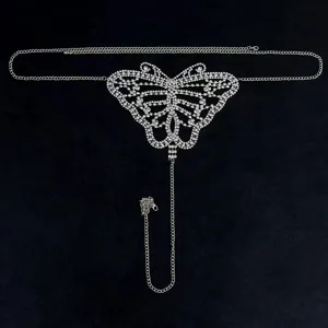 Rhinestone butterfly body chain detail view, sparkling silver crystal waist and chest jewelry.