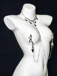 Sexy rhinestone body chain with black teardrop pendant nipple clamps for women adult jewelry