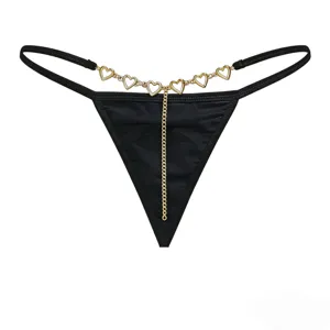 Women sexy black thong panty with gold heart chain low waist seductive lingerie main