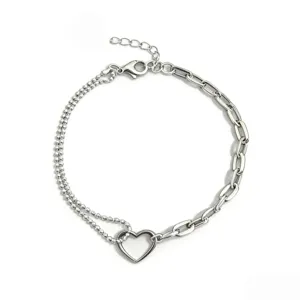 Stainless steel heart split chain bracelet, minimalist geometric design for women.