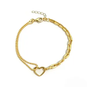 Gold stainless steel heart charm bracelet asymmetric chain fashion jewelry daily wear