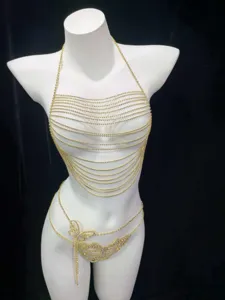 Gold rhinestone body chain sexy crystal chest and waist harness for women rave festival jewelry
