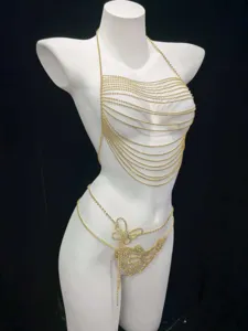 Sexy gold rhinestone body chain multi-layer bra and waist chain for women party festival.