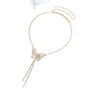 Gold rhinestone butterfly waist chain, elegant tassel body chain for women fashion.