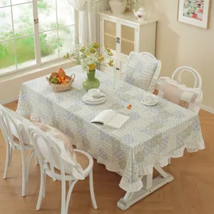 American cotton patchwork tablecloth with ruffle hem, vintage floral design for dining room.
