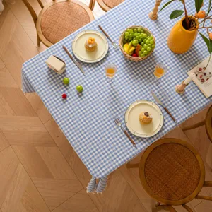 Baumwolle karierte Tischdecke rechteckig im Landhausstil Esstischabdeckung mit Fransen blau weiss.