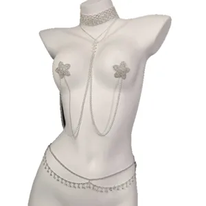 Rhinestone body chain set with star nipple covers and layered waist chains for women fashion.