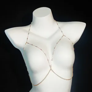 Chic sexy body chain necklace with pink beads, delicate gold tone jewelry for women fashion.