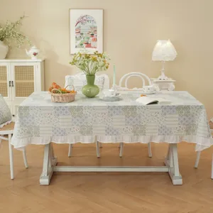 American style cotton jacquard tablecloth with patchwork design and elegant white ruffled hem.