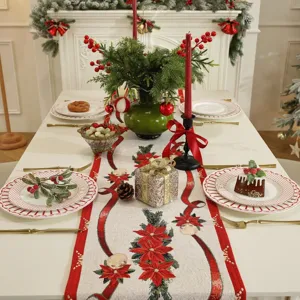 Christmas themed woven jacquard polyester cotton table runner for festive holiday decor.