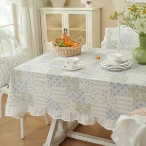 American cotton jacquard tablecloth with patchwork design and ruffles for dining table cover.