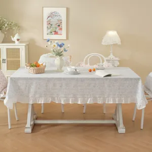 Pastoral cotton jacquard floral tablecloth with cute ruffles, elegant decorative dining cover.