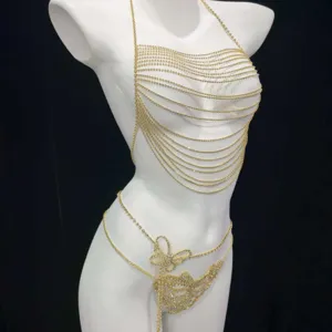 Sexy gold rhinestone body chain bra and waist chain jewelry set for women party club.