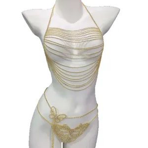 Gold rhinestone body chain sexy bra and waist chain jewelry for women party festival beach
