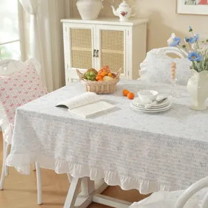 Pastoral style pure cotton jacquard tablecloth with elegant ruffled hem for dining room.