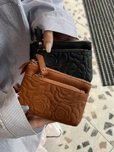 Genuine leather embossed coin purse and card holder with double zipper for women daily use.