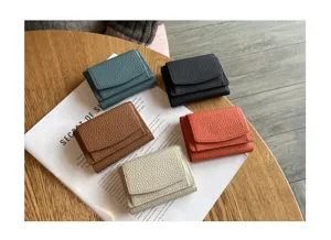 Women genuine leather short trifold wallet minimalist coin purse multi color card holder