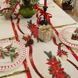 Christmas table runner festive red poinsettia jacquard fabric holiday party decor