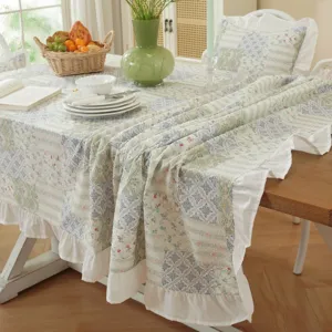 American pastoral cotton jacquard patchwork tablecloth with ruffles for dining table detail.