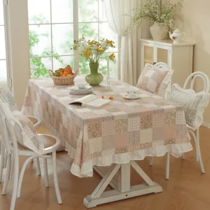 American cotton jacquard rectangular tablecloth with patchwork blocks and ruffle hem for dining table