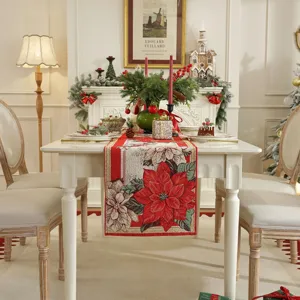 Christmas Table Runner Festive Poinsettia Jacquard Polyester Cotton Dining Table Decor Cover