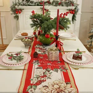 Christmas red white jacquard table runner festive holiday dining table decoration cotton polyester fabric