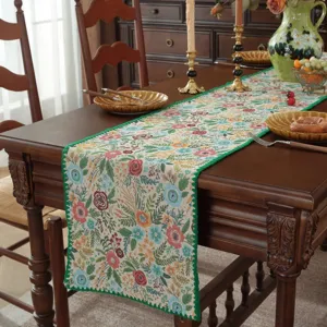 Runner da tavola jacquard retro americano con motivo floreale e bordo verde per decorazione.