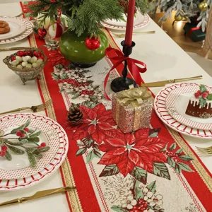 Christmas yarn-dyed jacquard table runner, festive holiday dining table decor and cover.