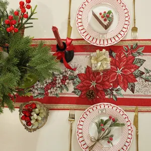 Christmas red poinsettia jacquard table runner for holiday party decor and home dining table.