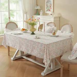 Pastoral floral printed cotton tablecloth with pompom fringe and lovely ruffles for dining room