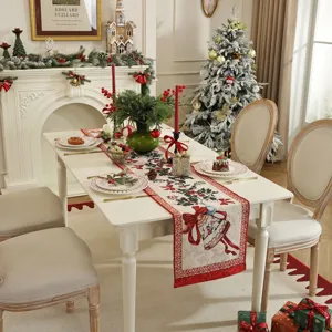 Christmas table runner with jacquard design, festive holiday home table decor and cover.