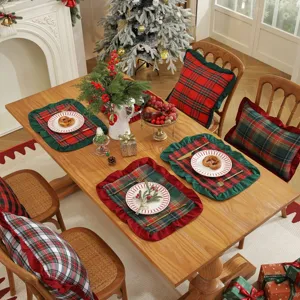 Set de table de noël à carreaux décorations de table de fêtes festives avec bord volanté rouge