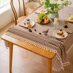 Braune karierte Tischdecke mit Quasten Baumwolle ländlicher Stil rechteckige Esstischdecke