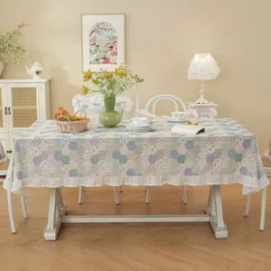 American cotton patchwork tablecloth with ruffled hem, rectangular dining table cover decor.