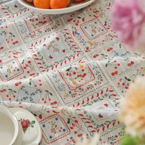 Pastoral style cotton jacquard printed tablecloth with fresh floral and sweet strawberry patterns.