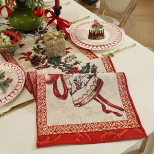 Christmas jacquard table runner detail, festive holiday design, premium polyester cotton fabric.