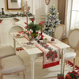 Christmas table runner festive red green holiday dining table decor fabric jacquard design
