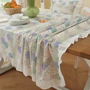 American cotton patchwork tablecloth with ruffle hem, floral geometric table cover for dining.