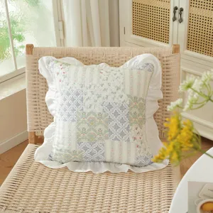 American pastoral style pure cotton patchwork pillow cover with elegant floral print and white ruffles.