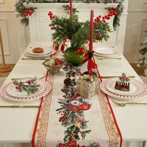 Detailed view of Christmas table runner, jacquard polyester-cotton festive home decor.