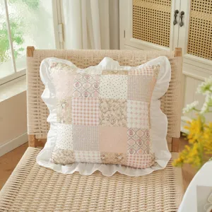 American style cotton patchwork tablecloth with white ruffle edge for home decor.