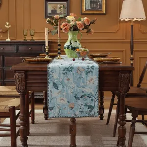 Runner da tavola jacquard retro americano blu floreale decorazione sala da pranzo dettaglio