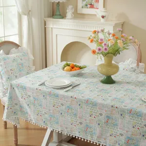 French pastoral cotton tablecloth with floral print pompom lace and delicate ruffles for home dining.