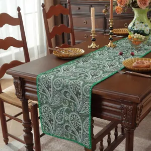 Runner da Tavola Jacquard Tinto in Filo Retro Americano Verde Paisley Decorazione Tavola Pranzo