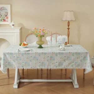 Pastoral cotton printed tablecloth floral dining table cover with cute pom pom fringe decor