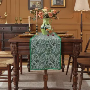 Runner da tavolo jacquard paisley verde in stile retro americano per tavolo da pranzo e soggiorno.