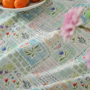 Pastoral floral cotton jacquard tablecloth fabric close-up detail showcasing fresh grid pattern