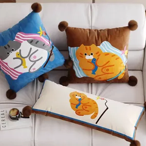 Κάλυμμα Μαξιλαριού Retro Cat Cartoon Χαριτωμένο Σχέδιο Εκτύπωσης Ζώων με Pom Poms για Σαλόνι Καναπέ Κρεβάτι Διακόσμηση Σπιτιού