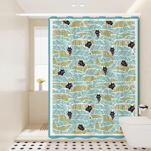 Cortina de Ducha de Tela Impermeable Olas Japonesas Separación de Baño Con Anillos y Cinta Antimoho Decoración del Hogar