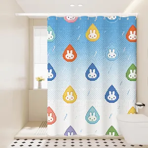 Waterproof Fabric Shower Curtain Colorful Raindrop Cartoon Rabbit Print Bathroom Partition Curtain With Hooks And Tieback